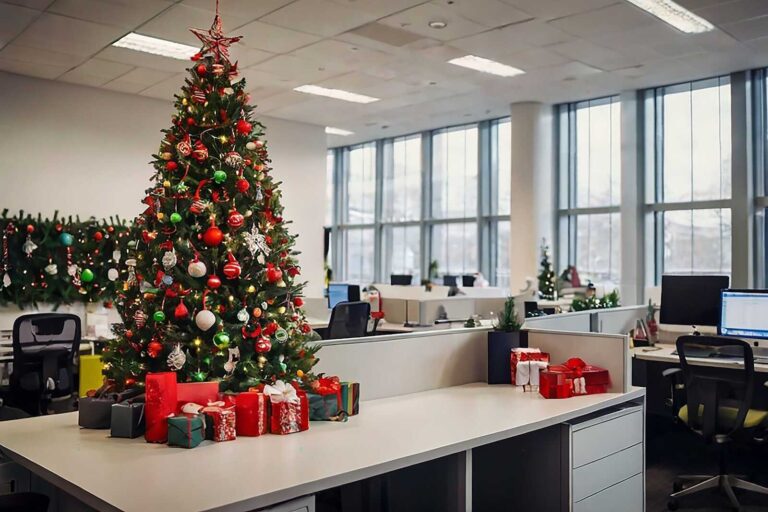 Office decorated for Christmas with a lit Christmas tree and wrapped presents on desks.