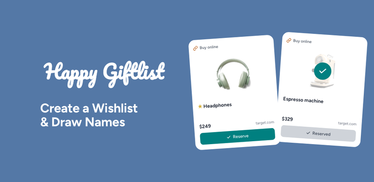 Happy Giftlist app for creating Christmas wishlists, drawing names, and organizing family gifts.
